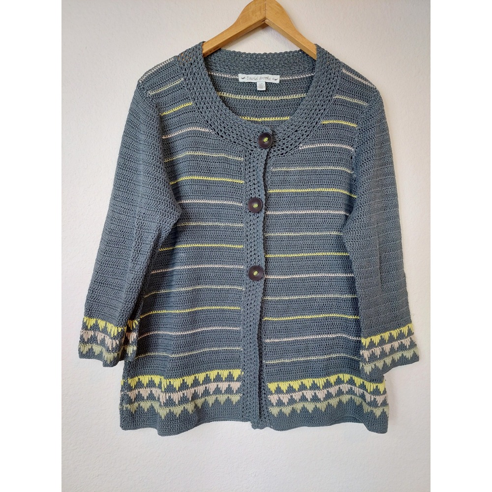 David‎ Brooks Crochet Knit Striped Button Front Cardigan Sweater Size Large
